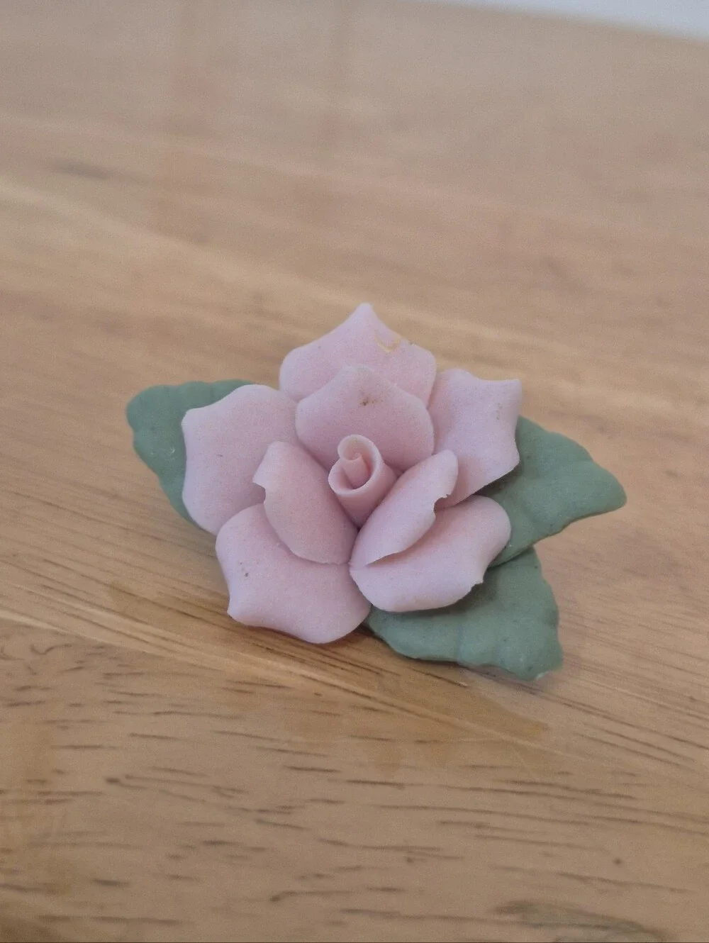 Pastel porcelain pink rose Brooch pin with green leaves